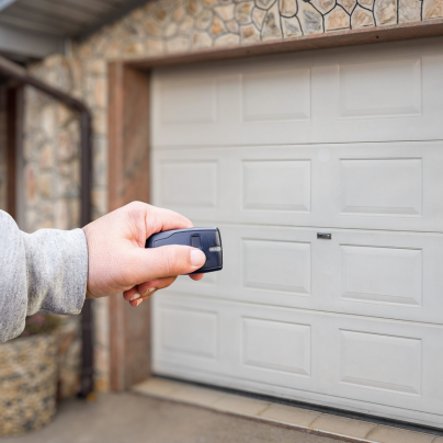 Reno security key fob pointing to a garage door