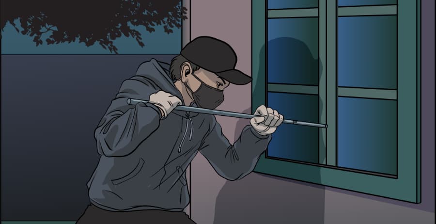 Illustration of burglar forcing entry through a window in Reno